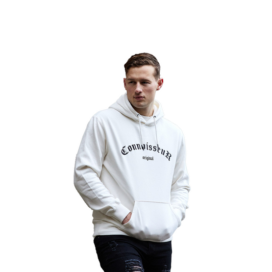 Ollie Mallory wearing Connoisseur Campus hoodie in white
