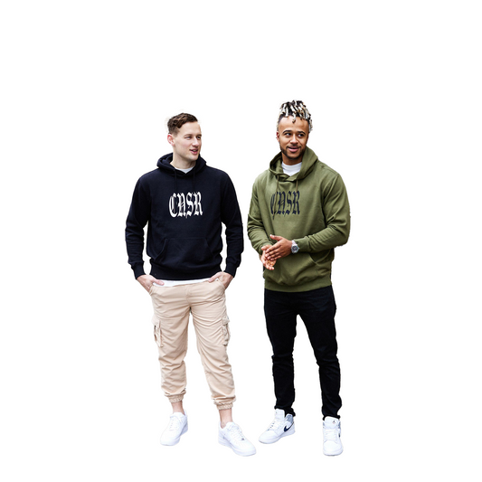 Olly Mallory and Jabez Harvey wearing black and green Connoisseur Statement hoodie